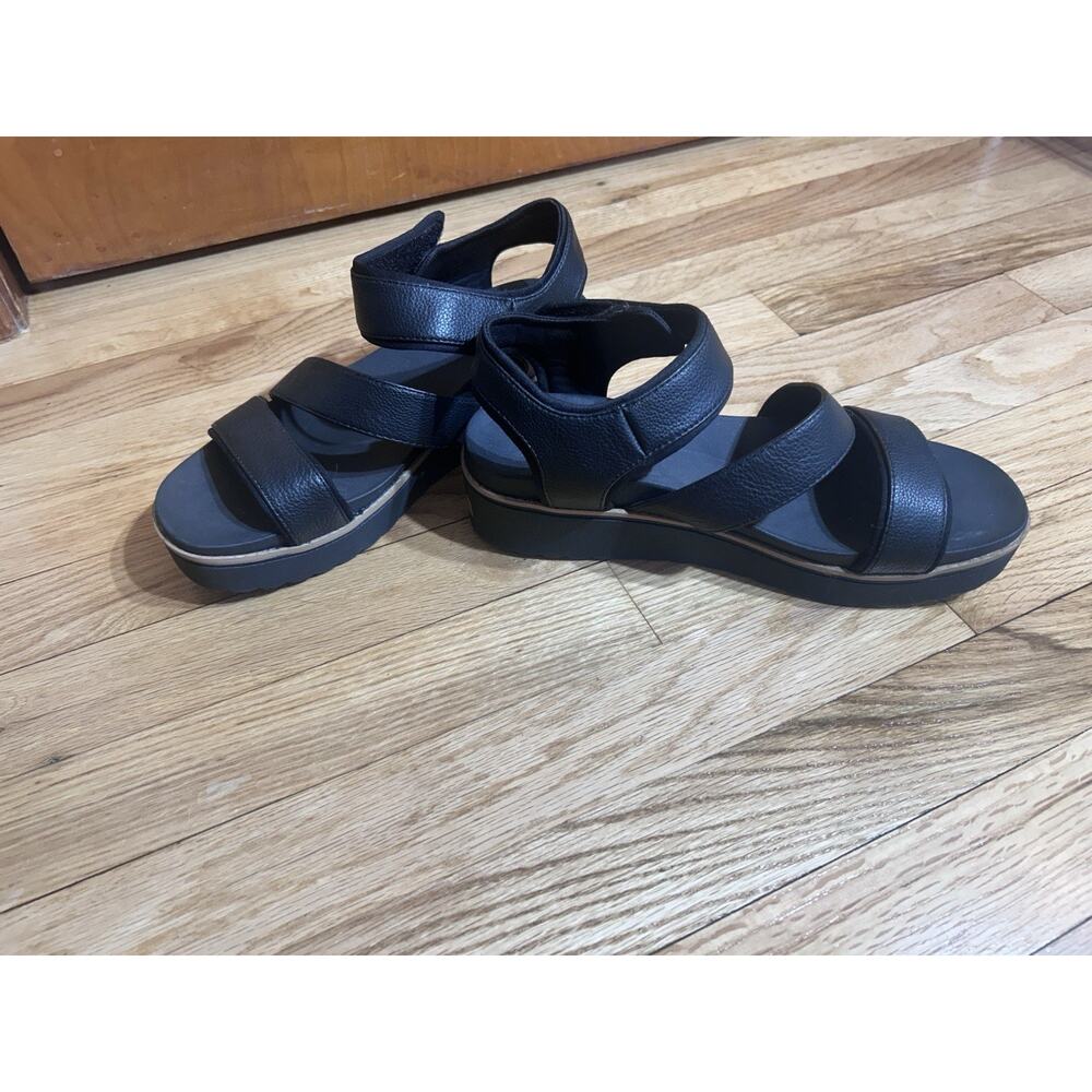 dr scholls black pebbled leather flatform Sandals With Hook And Loop Strap Sz9